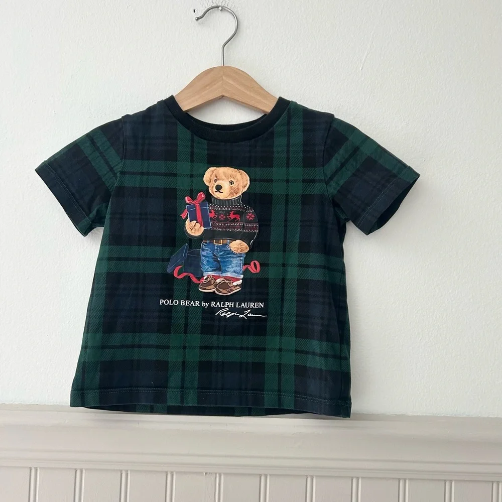 Ralph Lauren Baby 18 Months Kids Black Green Polo Bear Graphic Plaid Cotton Tee